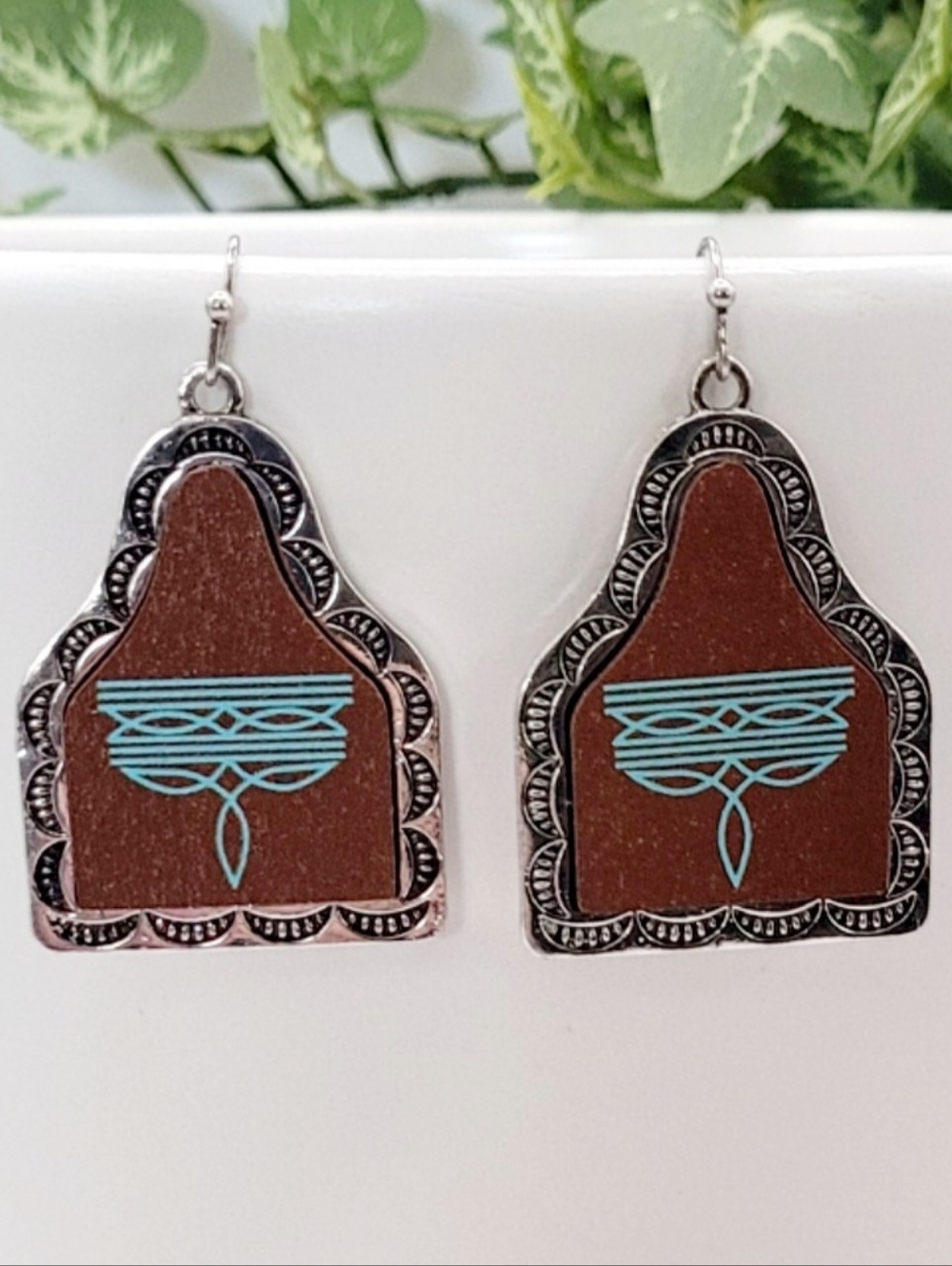 Western Brown And Turquoise Bootstitch Cow Tag Earrings New